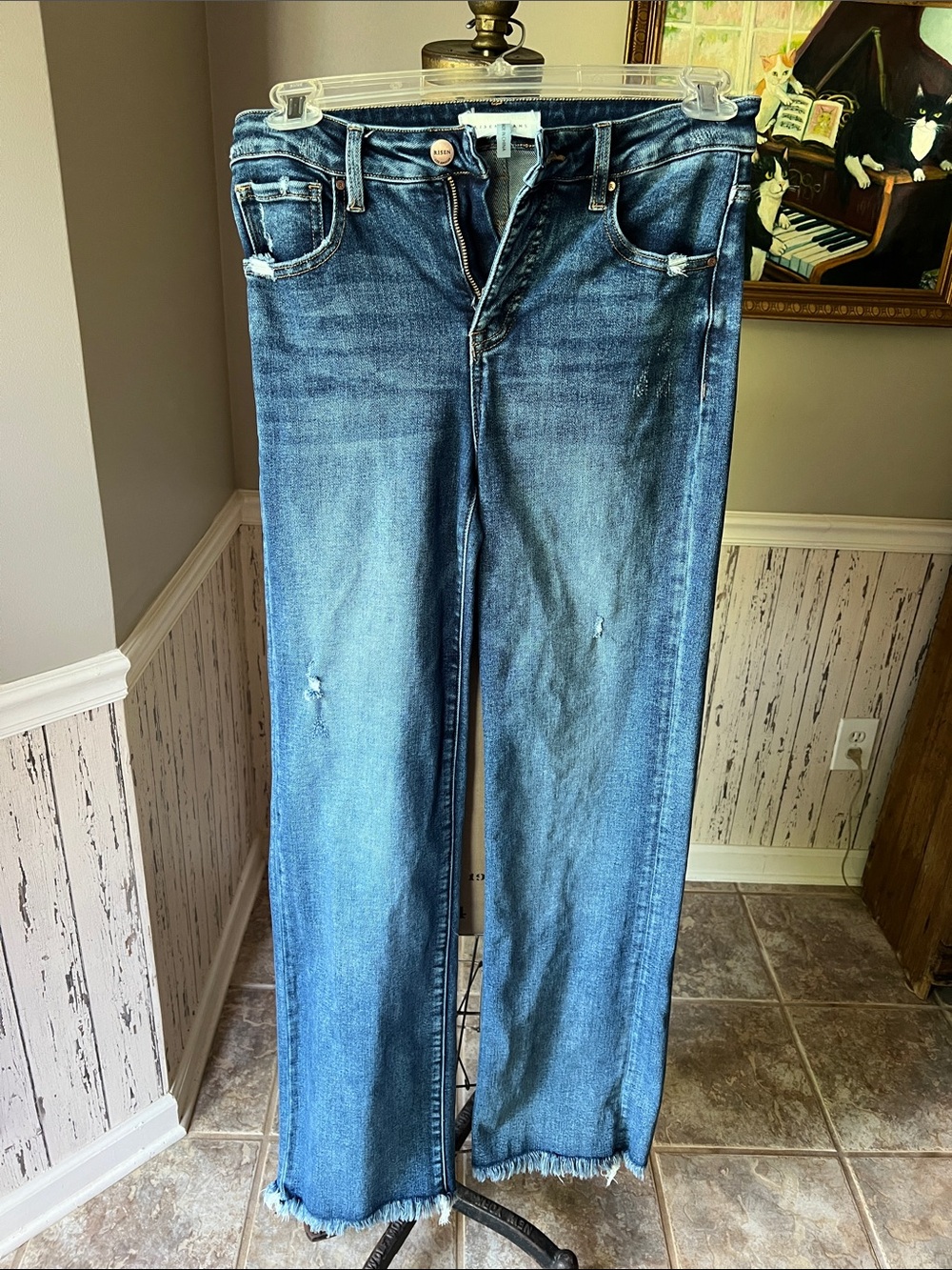 Risen High-Rise Wide Leg Cut Off Jeans in Blue Denim